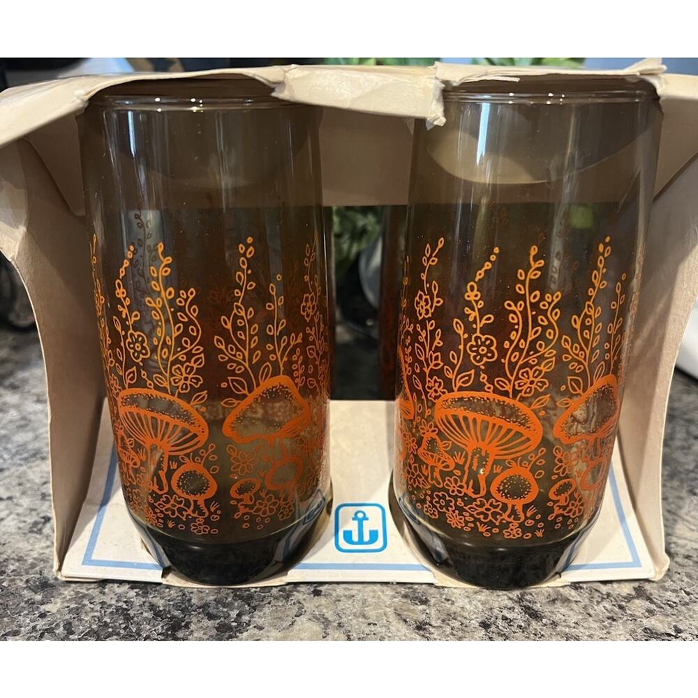Vintage Anchor Hocking Glasses Orange Mushroom Garden 6” Tall 16 oz Set 4 NOS - Picture 12 of 12